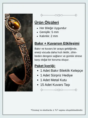 Bakır Kelepçe Bilezik Kaplan Gözü Doğal Taş Erkek Kadın Doğal Taşlar ve Metal Kutulu