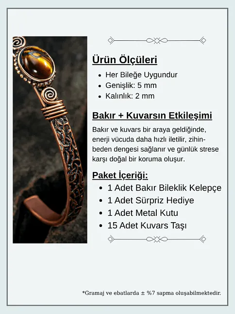 Bakır Kelepçe Bilezik Kaplan Gözü Doğal Taş Erkek Kadın Doğal Taşlar ve Metal Kutulu