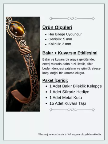 Bakır Kelepçe Bilezik Kaplan Gözü Doğal Taş Erkek Kadın Doğal Taşlar ve Metal Kutulu