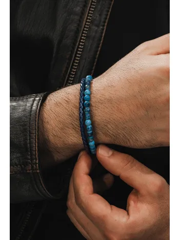 Erkek Doğal Taş Bileklik - Damarlı Mavi Akik Taşı Boncuk ve Örme Deri Erkek Bileklik