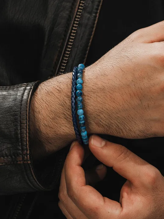 Erkek Doğal Taş Bileklik - Damarlı Mavi Akik Taşı Boncuk ve Örme Deri Erkek Bileklik