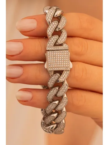 Kadın Gümüş Bileklik - Zirkon Taşlı İthal Kalın Gurmet Model Gümüş Bileklik