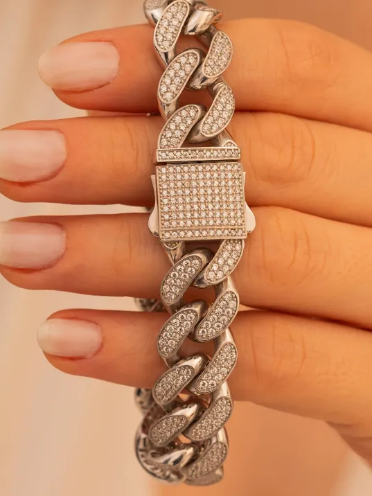 Kadın Gümüş Bileklik - Zirkon Taşlı İthal Kalın Gurmet Model Gümüş Bileklik