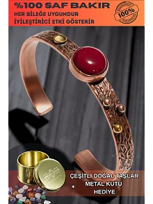 Kadın Bakır Bileklik - Kırmızı Akik Taşlı Yuvarlak Model Nokta Motif Bilezik Metal Kutu ve Doğal Taş