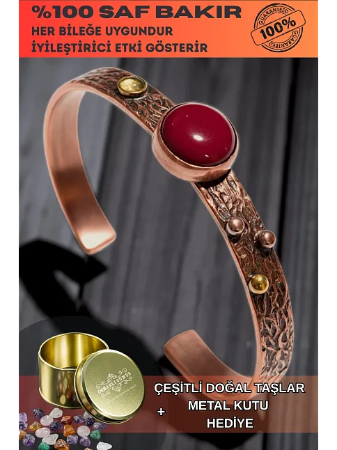 Kadın Bakır Bileklik - Kırmızı Akik Taşlı Yuvarlak Model Nokta Motif Bilezik Metal Kutu ve Doğal Taş