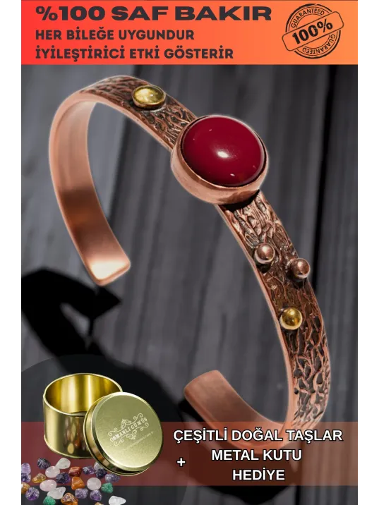 Kadın Bakır Bileklik - Kırmızı Akik Taşlı Yuvarlak Model Nokta Motif Bilezik Metal Kutu ve Doğal Taş