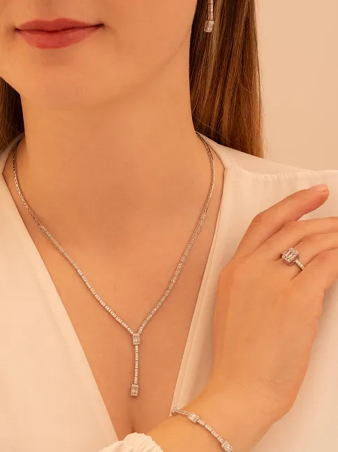 Kadın Gümüş Takı Seti - Süreyya Baget Taşlı Kare Model Kolye, Bileklik, Yüzük, Küpe Tam Set