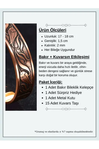 Erkek Kadın Bakır Bileklik - İçi Zırh Ve Koruma Dualı Üstü Çiçek İşlemeli Bakır Bilezik Bileklik