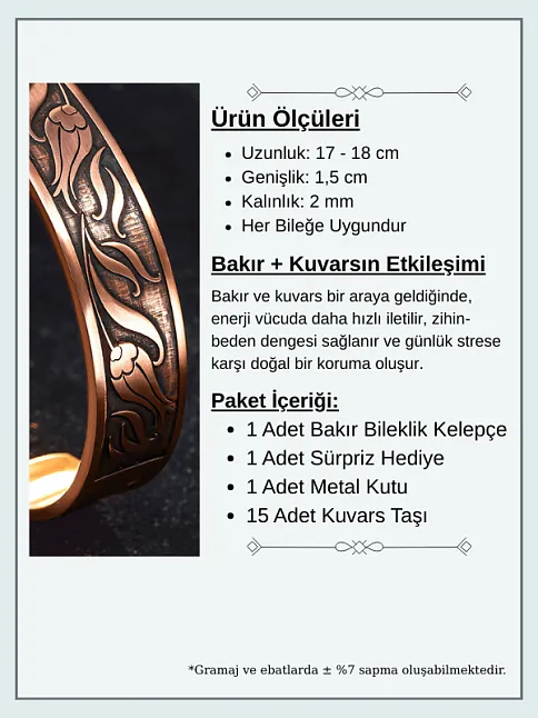 Erkek Kadın Bakır Bileklik - İçi Zırh Ve Koruma Dualı Üstü Lale İşlemeli Bakır Bilezik Bileklik
