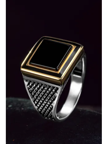 Erkek Gümüş Yüzük - Düz Siyah Oniks Taşlı Kare Model Erkek Yüzük