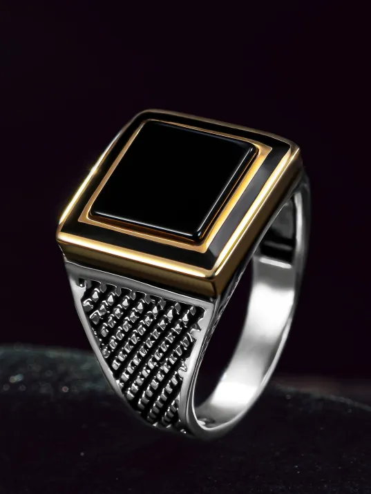 Erkek Gümüş Yüzük - Düz Siyah Oniks Taşlı Kare Model Erkek Yüzük