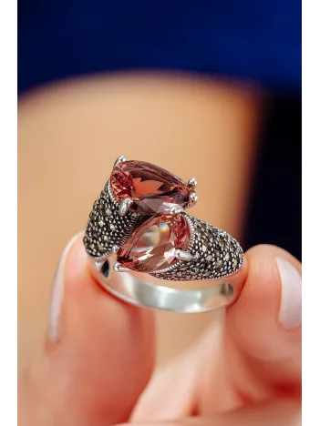 Kadın Gümüş Yüzük - Çift Damla Model Zultanit Taşlı Ayarlanabilir Kadın Yüzük