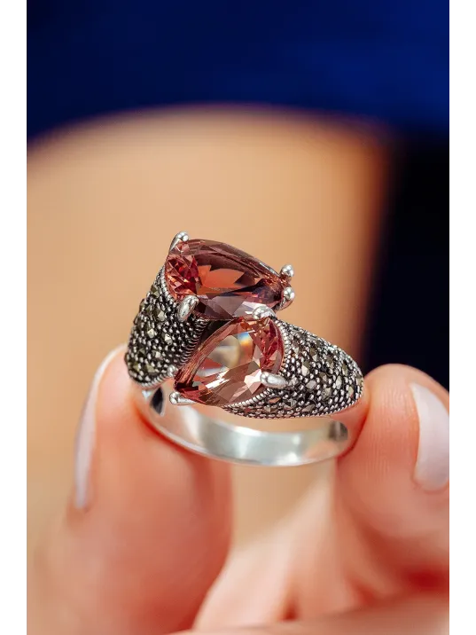 Kadın Gümüş Yüzük - Çift Damla Model Zultanit Taşlı Ayarlanabilir Kadın Yüzük