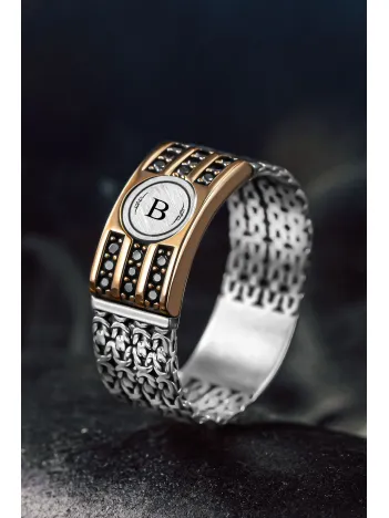 Erkek Gümüş Yüzük - Harf Yazılabilir Kral Zincirli 3 Sıra Zirkon Taşlı Erkek Yüzük