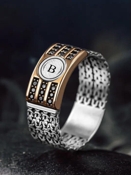 Erkek Gümüş Yüzük - Harf Yazılabilir Kral Zincirli 3 Sıra Zirkon Taşlı Erkek Yüzük