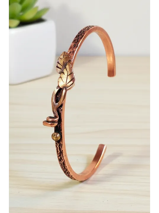 Kadın Bakır Bileklik - Çift Yaprak Motifli Kelepçe Model Bileklik Bilezik Metal Kutu Ve Doğal Taşlar