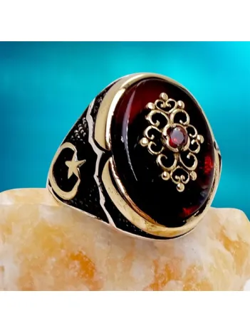 Ay Yıldızlı Otantik Tasarım Kırmızı Erkek Gümüş Yüzük