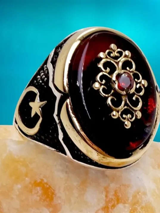 Ay Yıldızlı Otantik Tasarım Kırmızı Erkek Gümüş Yüzük Ay Yıldızlı Otantik Tasarım Kırmızı Erkek Gümüş Yüzük