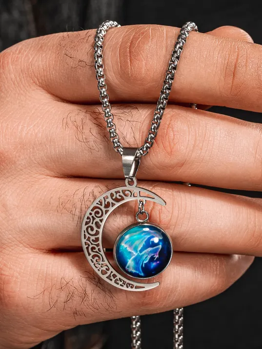 Lunara Steel Ay Figürlü Kozmik Taşlı Erkek Kolye Polo Zincir Kararmaz Çelik