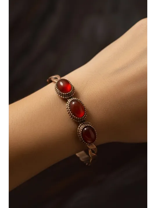 Kadın Bakır Bileklik - Örgü Model 3lü Kırmızı Akik Taşlı Bakır Bilezik