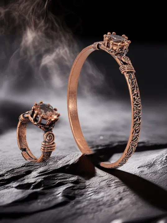 Kadın Bakır Bileklik Yüzük Set - Zultanit Taşı Model 2 Ağaç Kabuğu Model İnce Metal Kutu Kuvars Taşı