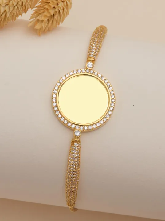 Kadın Gümüş Bileklik - Altın Kaplama İsim Yazılabilir Yuvarlak Plaka Asansörlü Kadın Bileklik