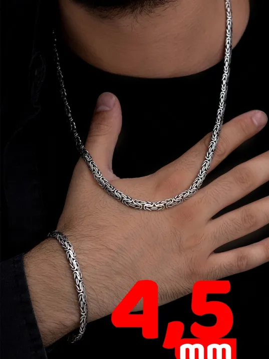 Erkek Gümüş Kolye Bileklik Set - Yassı Ezme Kral Gümüş Bileklik Set Erkek Gümüş Kolye Bileklik Set - Yassı Ezme Kral Gümüş Bileklik Set