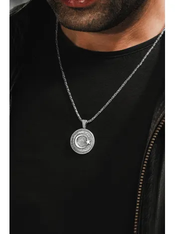 Erkek Gümüş Kolye - Hilal Ay Yıldız Kabartmalı Kral Zincirli Erkek Kolye