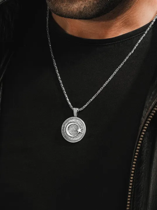 Erkek Gümüş Kolye - Hilal Ay Yıldız Kabartmalı Kral Zincirli Erkek Kolye
