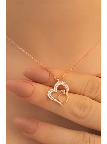 Kadın Gümüş Kolye - Zirkon Taşlı Rose Renk Tektaşlı Kalp Kadın Gümüş Kolye