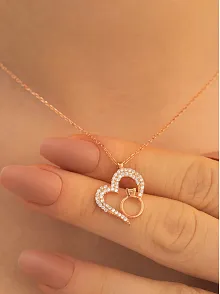 Kadın Gümüş Kolye - Zirkon Taşlı Rose Renk Tektaşlı Kalp Kadın Gümüş Kolye