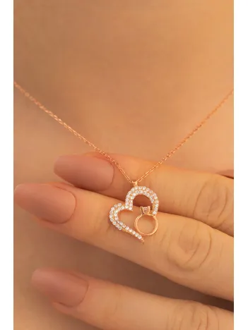 Kadın Gümüş Kolye - Zirkon Taşlı Rose Renk Tektaşlı Kalp Kadın Gümüş Kolye