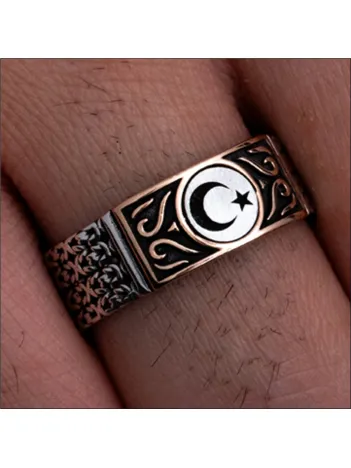 Erkek Gümüş Yüzük - Ayyıldız İşlemeli İnce Kibar Model Gümüş Yüzük