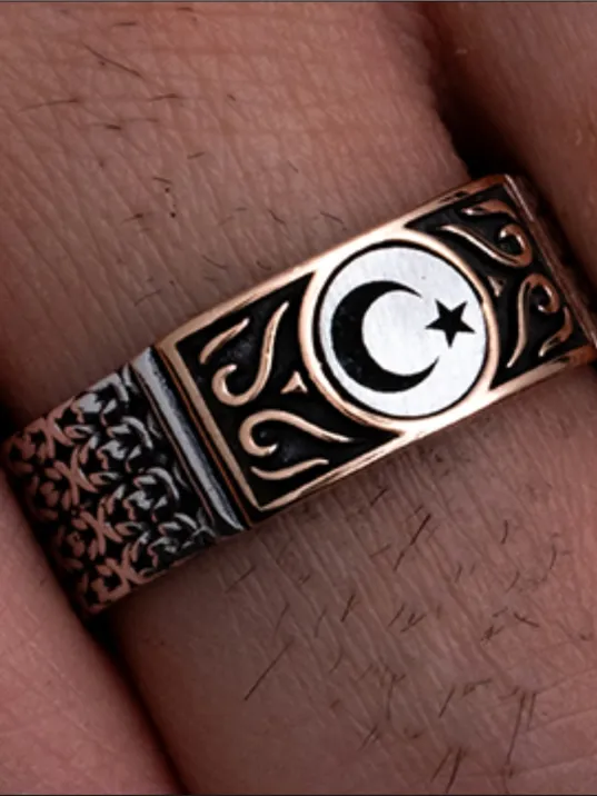 Erkek Gümüş Yüzük - Ayyıldız İşlemeli İnce Kibar Model Gümüş Yüzük