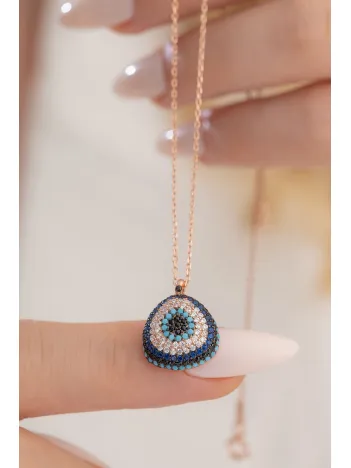 Zirkon Ve Turkuaz Taşlı Damla Model Nazar Boncuğu Gümüş Kolye