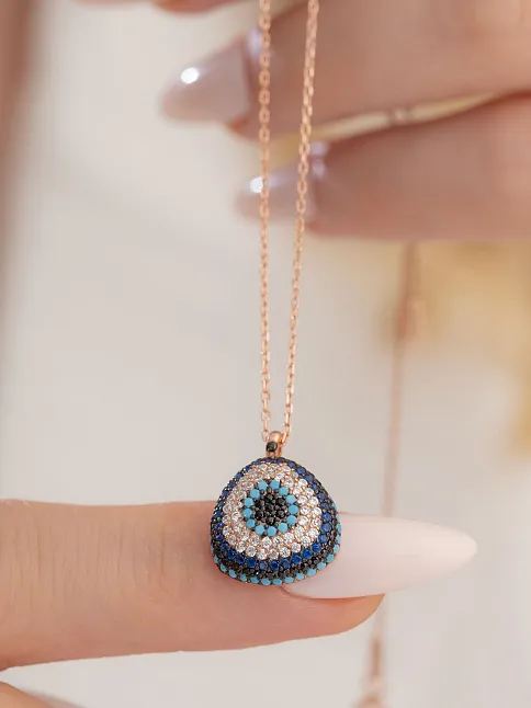 Zirkon Ve Turkuaz Taşlı Damla Model Nazar Boncuğu Gümüş Kolye