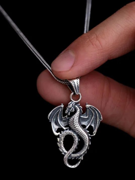 Erkek Gümüş Kolye - Game Of Thrones Ejderha Figürlü Gümüş Erkek Kolye