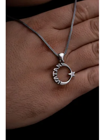 Yeni Model Vatan Yazılı Ay Yıldız Türk Bayrağı Erkek Gümüş Kolye Zincir