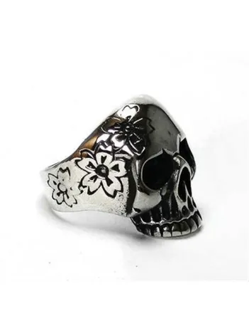 Çiçekli Kurukafa Gotik Gümüş Erkek Yüzüğü