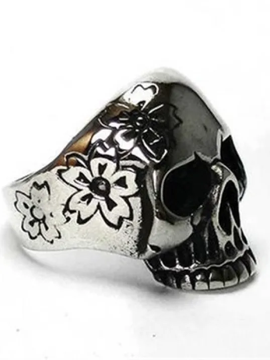 Çiçekli Kurukafa Gotik Gümüş Erkek Yüzüğü