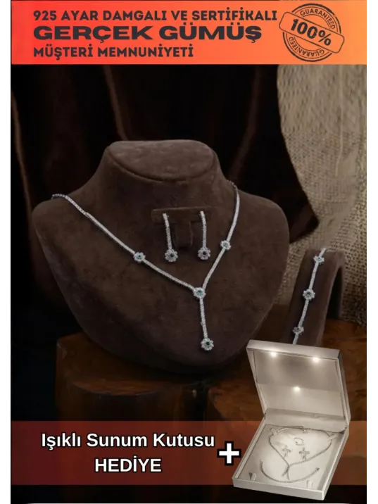 Ahenk Bayan Zümrüt Taşlı Gümüş Su Yolu Set - Kolye, Bileklik, Küpe, Yüzük