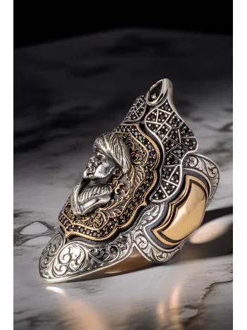 Erkek Mevlana Kabartmalı Siyah Zirkon Taşlı Erkek Gümüş Yüzük Zihgir Model