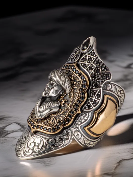 Erkek Mevlana Kabartmalı Siyah Zirkon Taşlı Erkek Gümüş Yüzük Zihgir Model