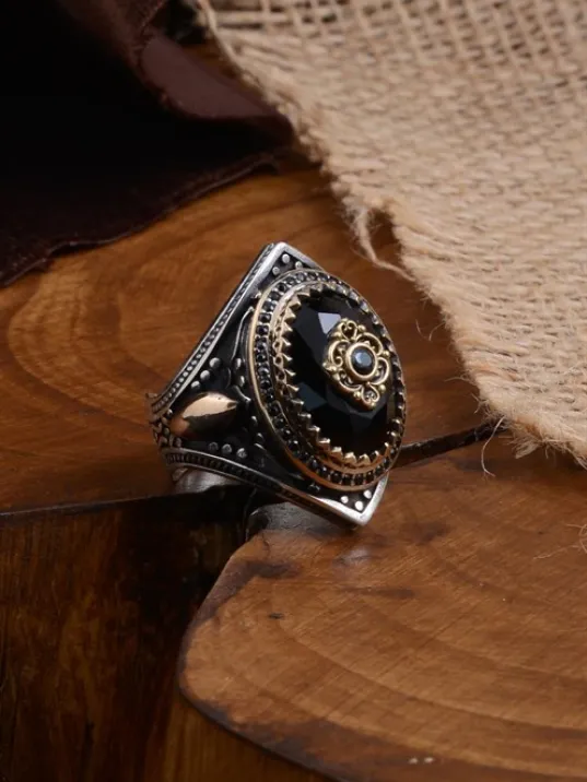 Anadolu Desenli Siyah Oniks Taşlı Yanı Buğday İşlemeli Erkek Gümüş Yüzük