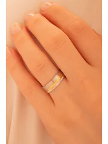 Erkek Gümüş Yüzük - 925 Ayar Sarı Ve Beyaz Model Gümüş Alyans Yüzük