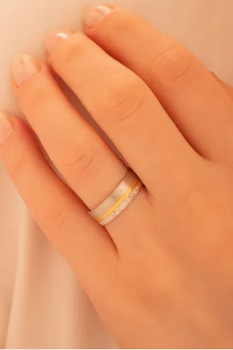 Erkek Gümüş Yüzük - 925 Ayar Sarı Ve Beyaz Model Gümüş Alyans Yüzük