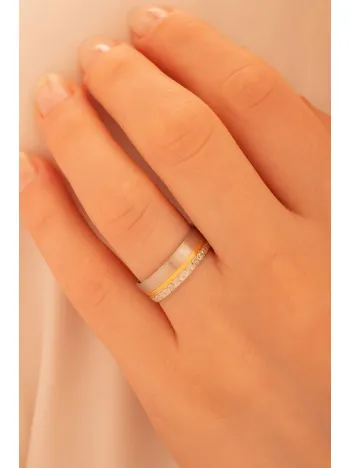 Erkek Gümüş Yüzük - 925 Ayar Sarı Ve Beyaz Model Gümüş Alyans Yüzük