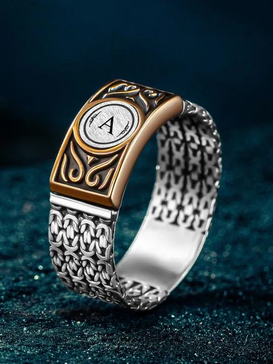 Erkek Gümüş Yüzük - Harf Yazılabilir Kral Zincirli Modern Erkek Yüzük Erkek Gümüş Yüzük - Harf Yazılabilir Kral Zincirli Modern Erkek Yüzük
