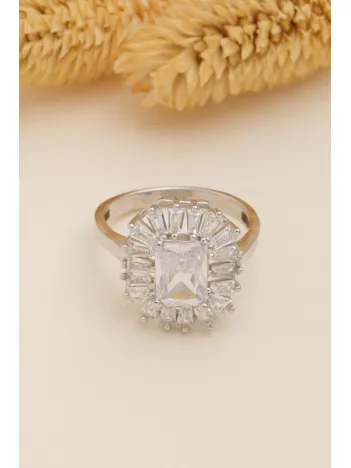 Kadın Gümüş Yüzük - Kare Baget Taşlı Baget Süslemeli Rodyumlu Kadın Yüzük