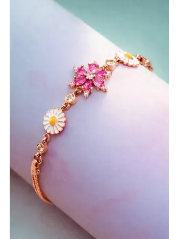Rose Rengi Nergis Çiçeği Zirkon Taşlı Gümüş Bileklik